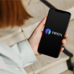 Girl using phone having Neex logo